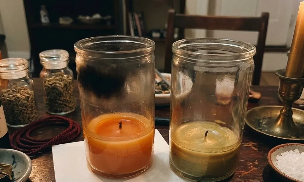 Two glass candles on the altar after the burn, one with soot on the glass, as photographed for a buyer