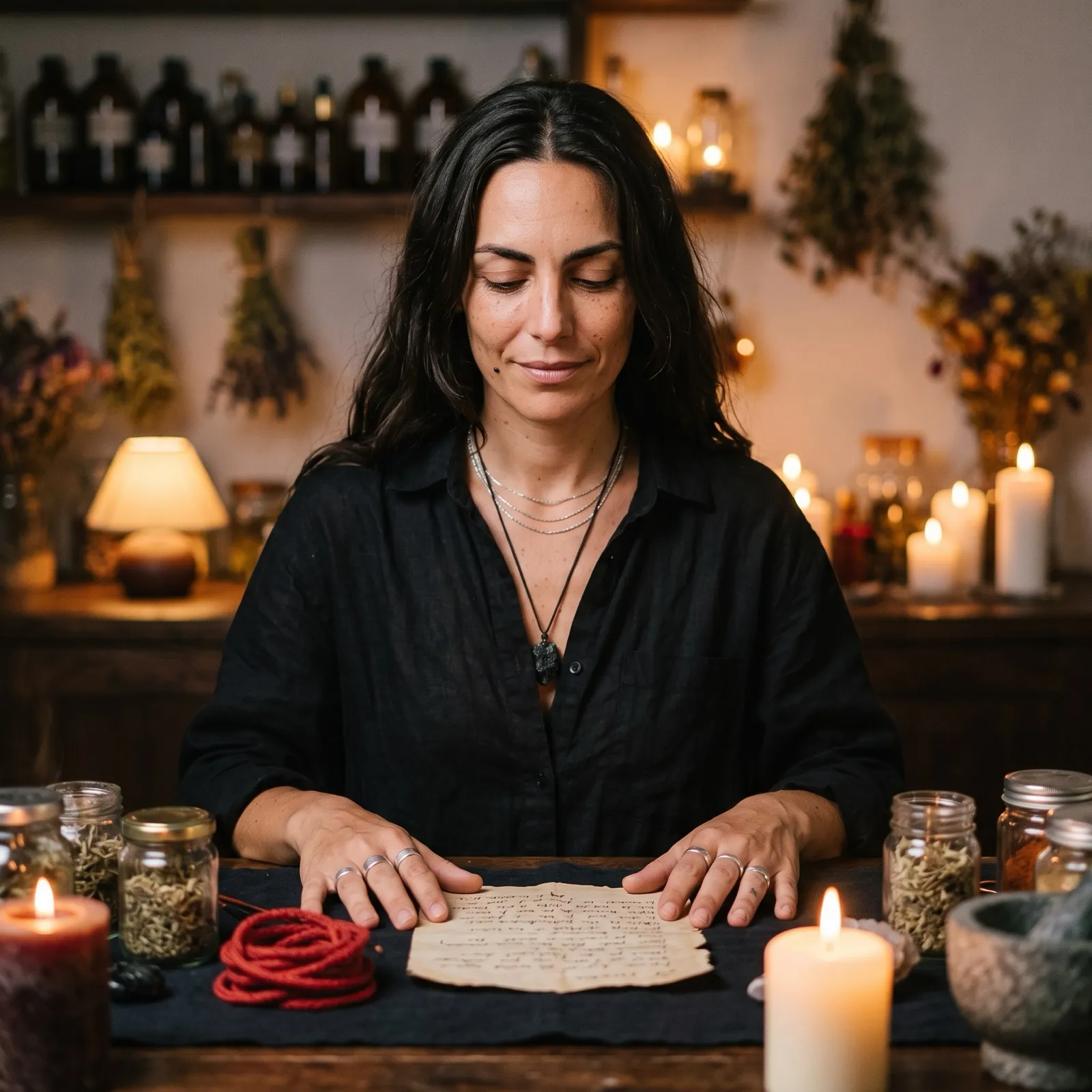 Sable at her altar with her hands on a written petition, red cord and candles around her