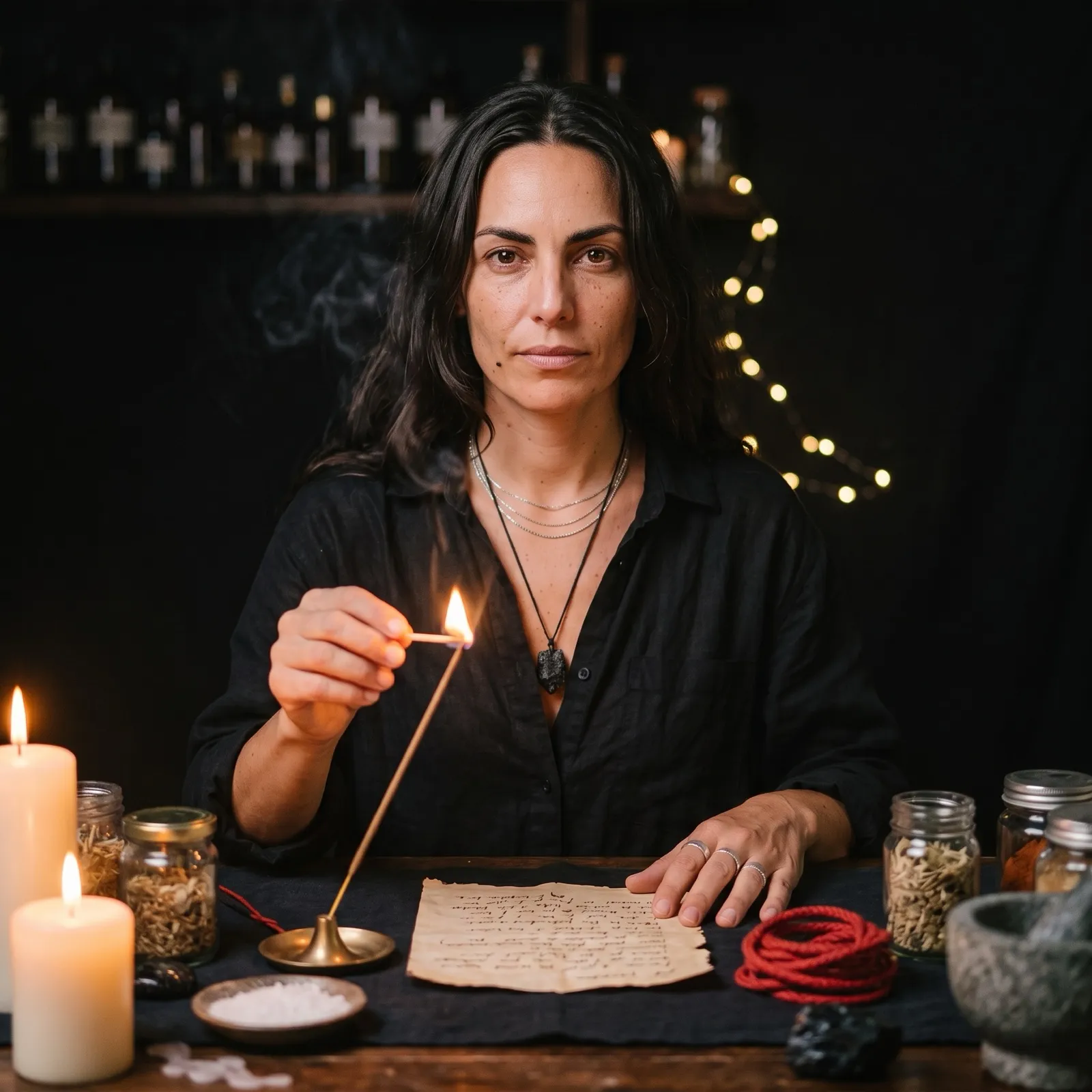 Sable at her altar preparing a loyalty spell