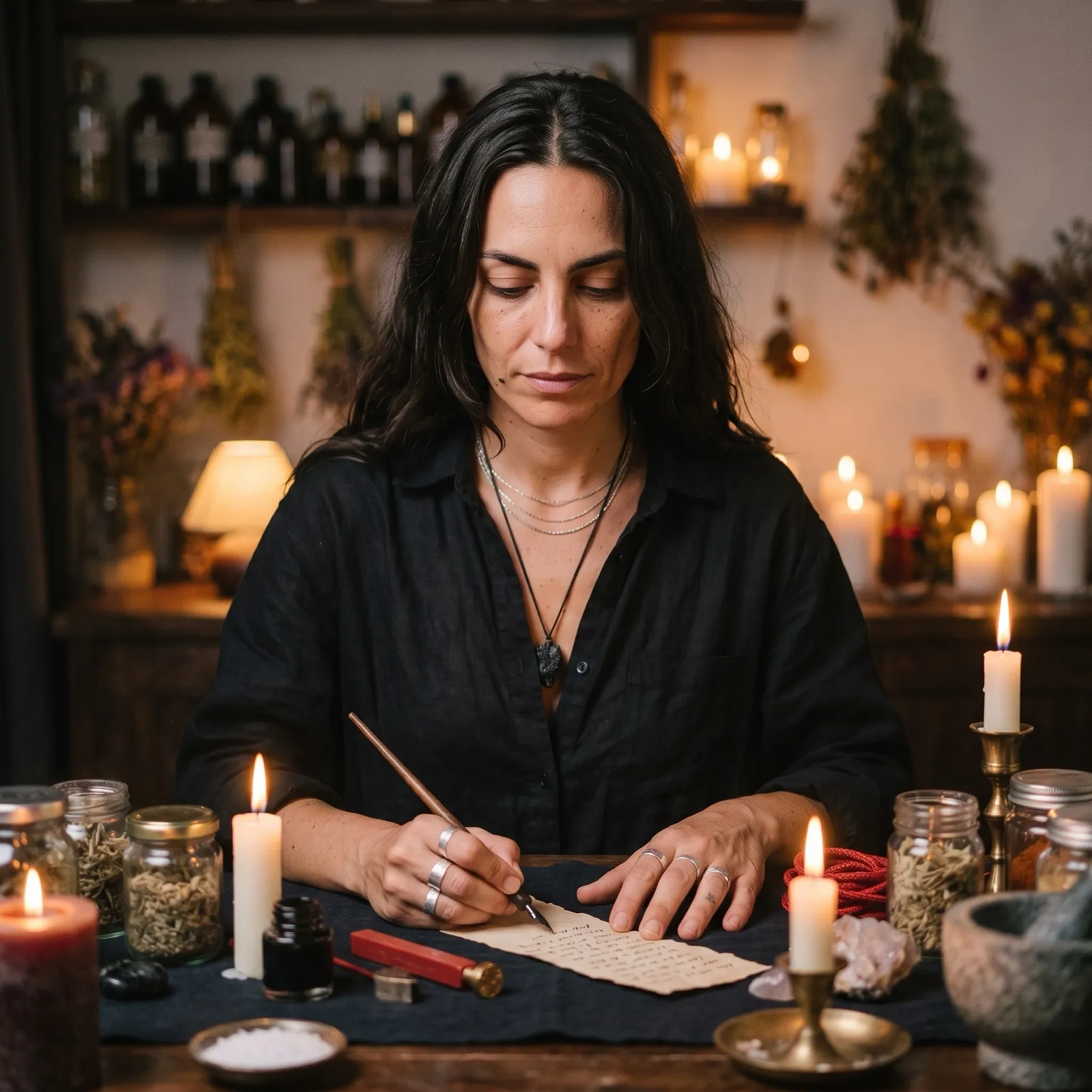 Sable writing a petition by hand with a dip pen beside a lit candle
