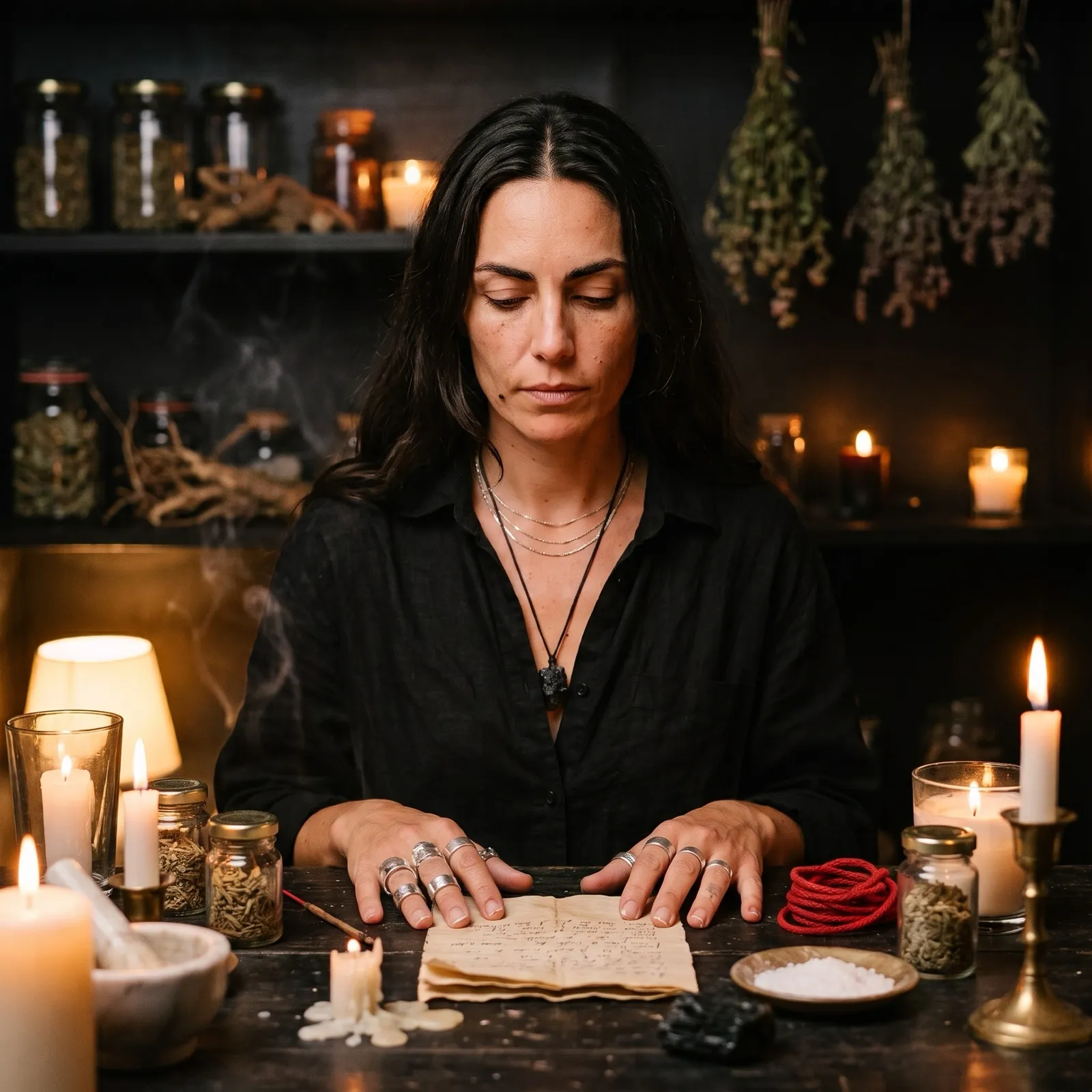 Sable at her altar with her hands on a written petition, red cord and candles around her