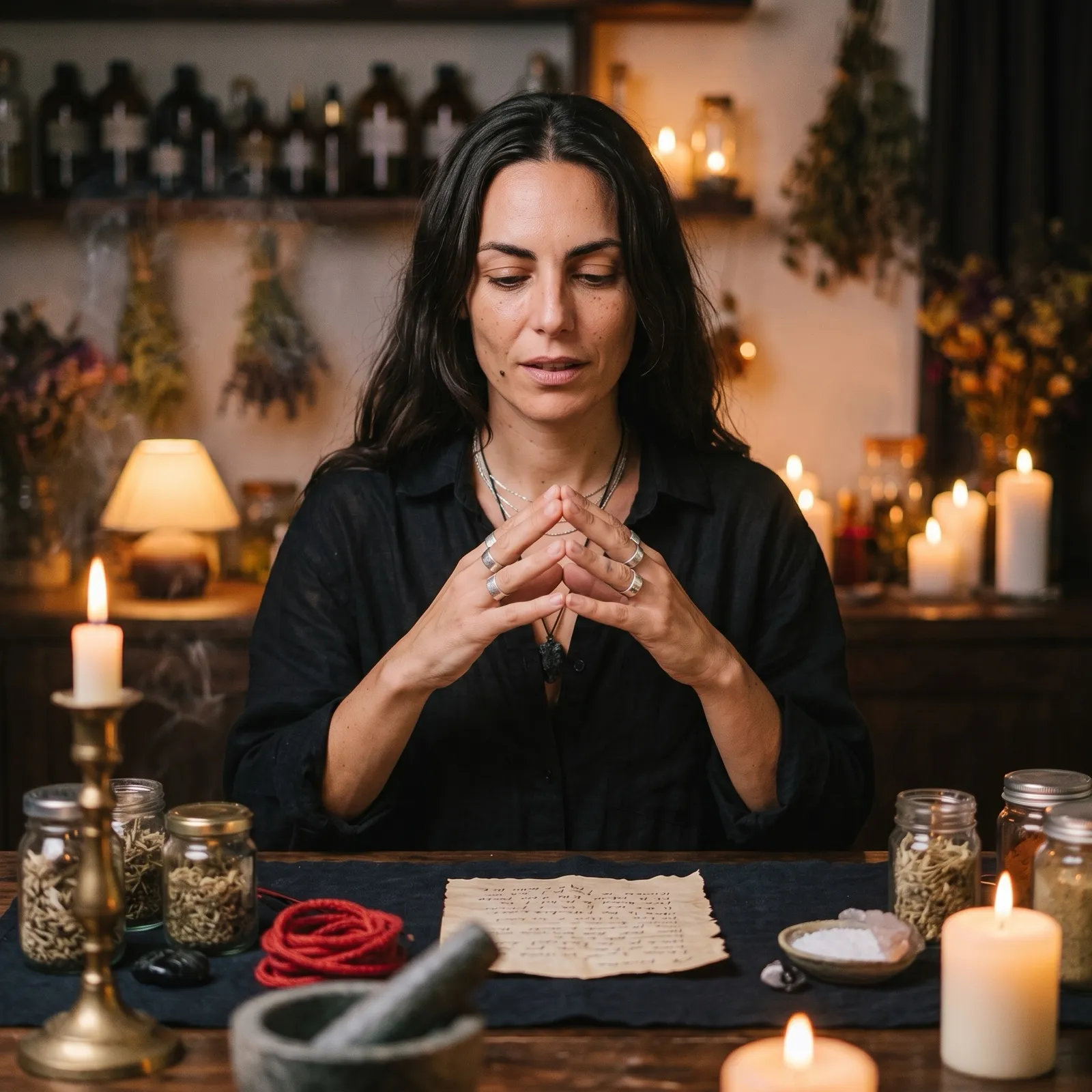 Sable at her altar preparing a regret spell
