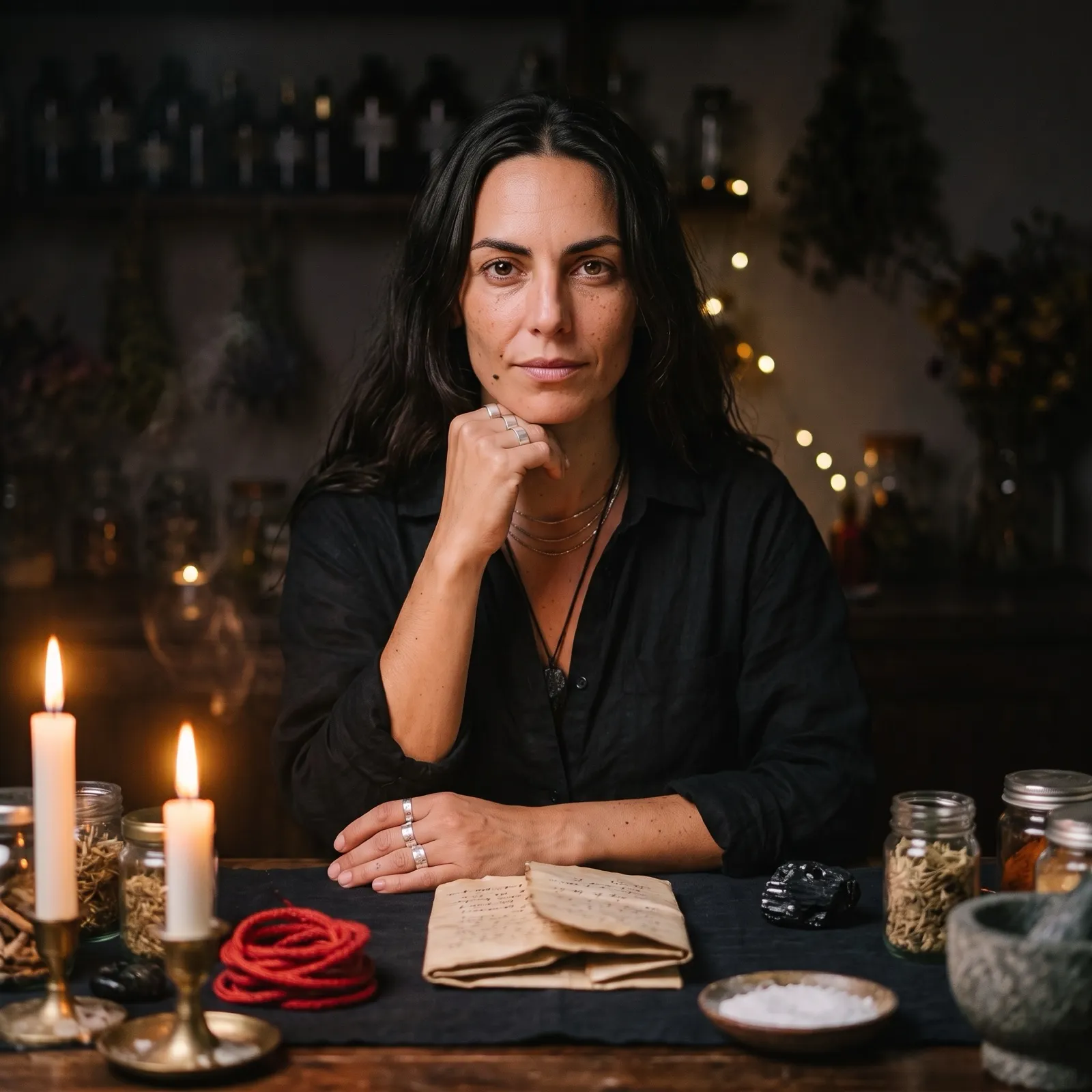 Portrait of Sable at her altar table, chin resting on her hand