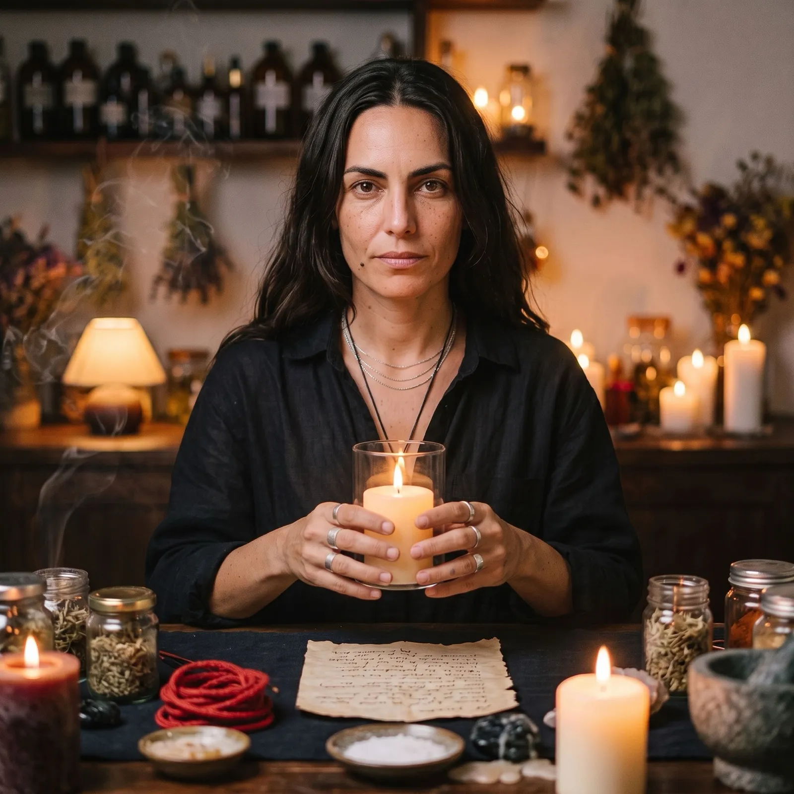Sable holding a lit glass candle in both hands at her altar